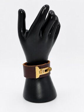 Brown Genuine Leather Cuff Bracelet with Gold-Tone Buckle | Wide Statement Brace